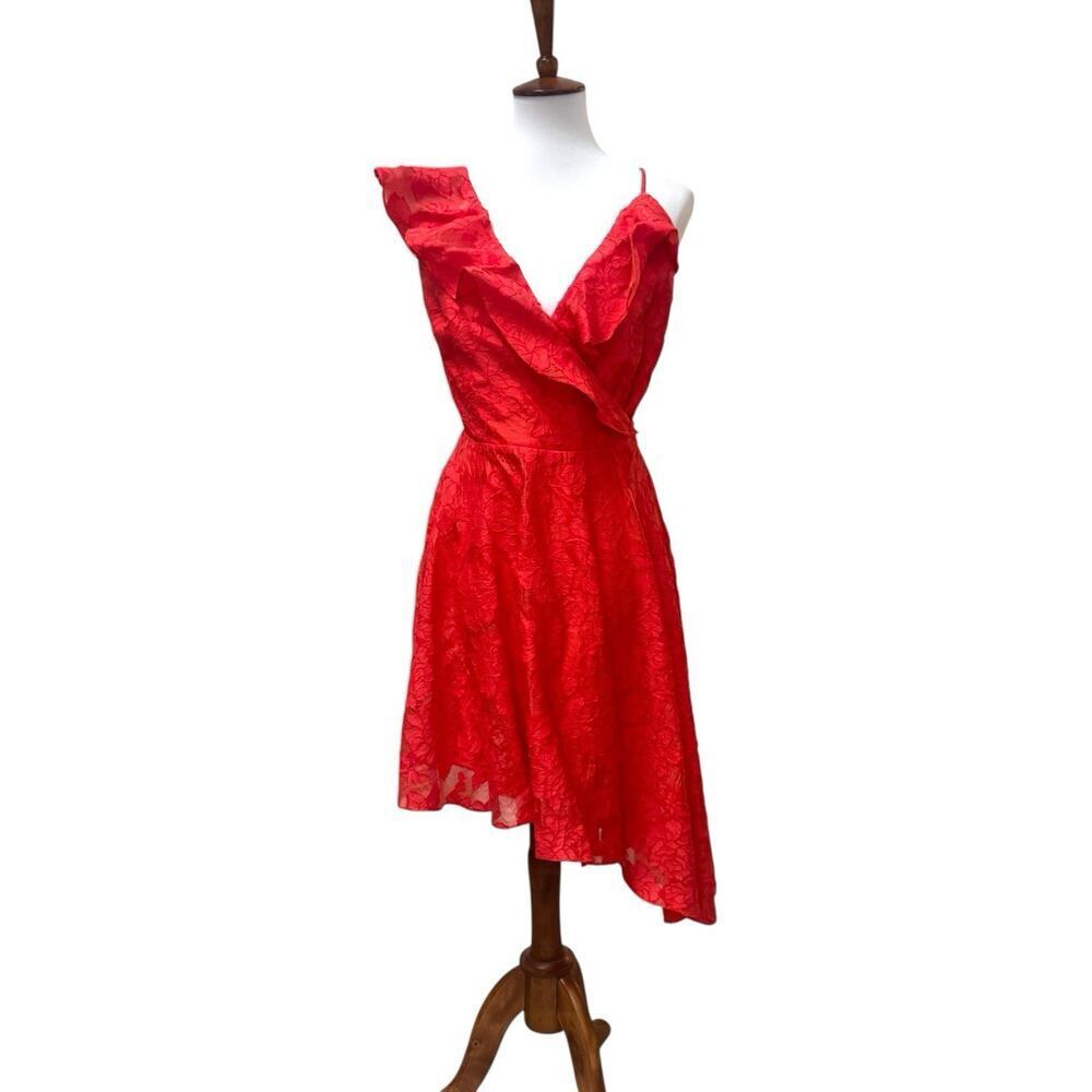 Keepsake Radar Ruffle Asymmetric Cocktail Burnout Mini Dress Red Womens Medium - Picture 2 of 11